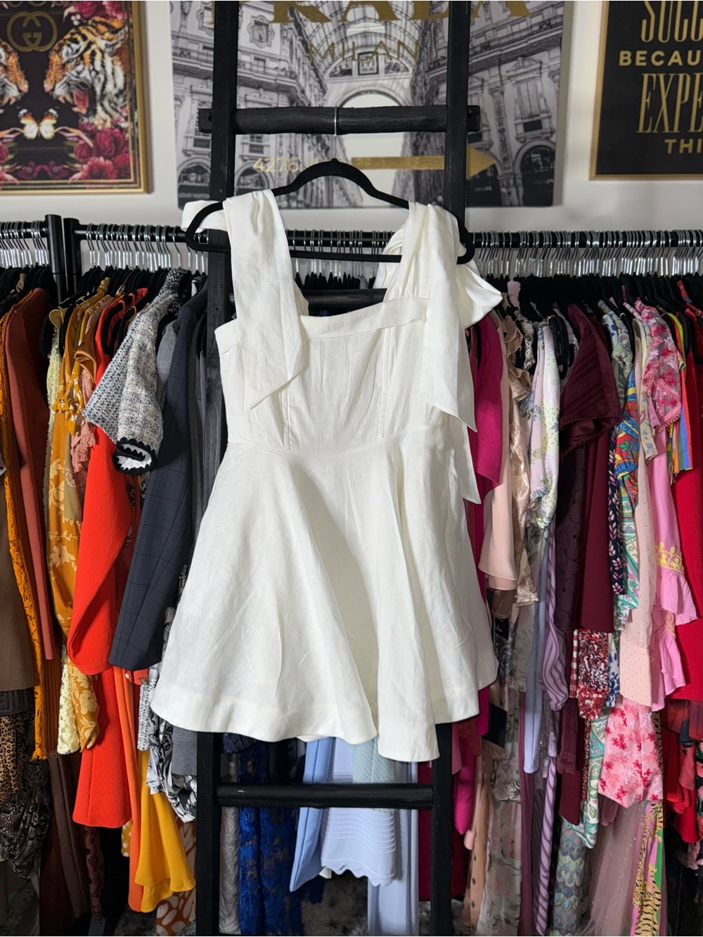 Dissh Aisle White Linen Bow Strap Mini Dress 100% Linen US 6 EUC - Picture 5 of 13